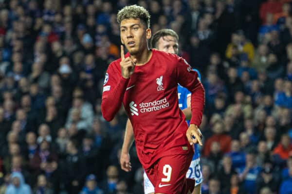 GLASGOW, SCOTLAND - Wednesday, October 12, 2022: Liverpool's Roberto Firmino celebrates after scoring his side's first equalising goal during the UEFA Champions League Group A matchday 4 game between Glasgow Rangers FC and Liverpool FC at Ibrox Stadium. (Pic by David Rawcliffe/Propaganda)