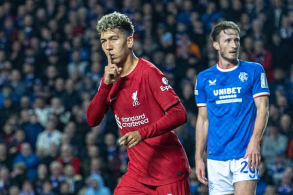 GLASGOW, SCOTLAND - Wednesday, October 12, 2022: Liverpool's Roberto Firmino celebrates after scoring his side's first equalising goal during the UEFA Champions League Group A matchday 4 game between Glasgow Rangers FC and Liverpool FC at Ibrox Stadium. (Pic by David Rawcliffe/Propaganda)