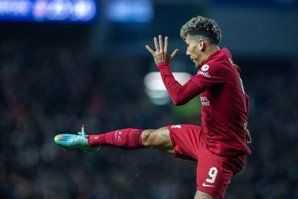 GLASGOW, SCOTLAND - Wednesday, October 12, 2022: Liverpool's Roberto Firmino celebrates after scoring his side's first equalising goal during the UEFA Champions League Group A matchday 4 game between Glasgow Rangers FC and Liverpool FC at Ibrox Stadium. (Pic by David Rawcliffe/Propaganda)