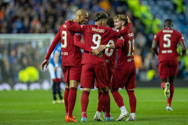 GLASGOW, SCOTLAND - Wednesday, October 12, 2022: Liverpool's Roberto Firmino (C) celebrates with team-mates after scoring his side's first equalising goal during the UEFA Champions League Group A matchday 4 game between Glasgow Rangers FC and Liverpool FC at Ibrox Stadium. (Pic by David Rawcliffe/Propaganda)