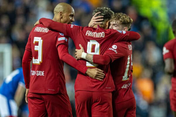 GLASGOW, SCOTLAND - Wednesday, October 12, 2022: Liverpool's Roberto Firmino (C) celebrates with team-mates after scoring his side's first equalising goal during the UEFA Champions League Group A matchday 4 game between Glasgow Rangers FC and Liverpool FC at Ibrox Stadium. (Pic by David Rawcliffe/Propaganda)