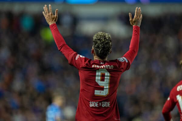 GLASGOW, SCOTLAND - Wednesday, October 12, 2022: Liverpool's Roberto Firmino celebrates after scoring his side's second goal during the UEFA Champions League Group A matchday 4 game between Glasgow Rangers FC and Liverpool FC at Ibrox Stadium. (Pic by David Rawcliffe/Propaganda)