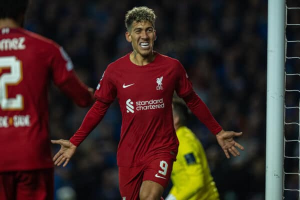 GLASGOW, SCOTLAND - Wednesday, October 12, 2022: Liverpool's Roberto Firmino celebrates after scoring his side's second goal during the UEFA Champions League Group A matchday 4 game between Glasgow Rangers FC and Liverpool FC at Ibrox Stadium. (Pic by David Rawcliffe/Propaganda)