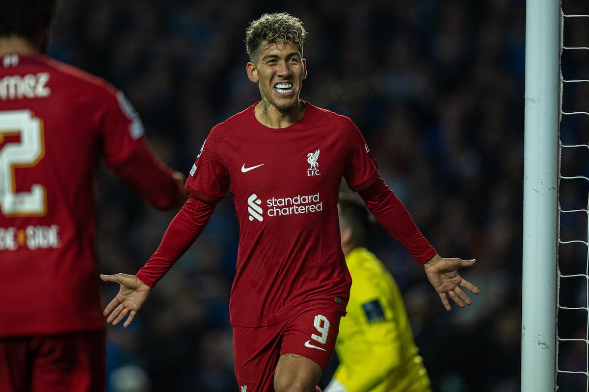 GLASGOW, SCOTLAND - Wednesday, October 12, 2022: Liverpool's Roberto Firmino celebrates after scoring his side's second goal during the UEFA Champions League Group A matchday 4 game between Glasgow Rangers FC and Liverpool FC at Ibrox Stadium. (Pic by David Rawcliffe/Propaganda)