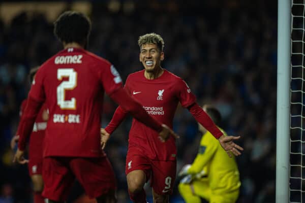 GLASGOW, SCOTLAND - Wednesday, October 12, 2022: Liverpool's Roberto Firmino celebrates after scoring his side's second goal during the UEFA Champions League Group A matchday 4 game between Glasgow Rangers FC and Liverpool FC at Ibrox Stadium. (Pic by David Rawcliffe/Propaganda)