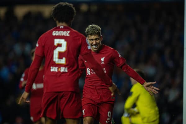 GLASGOW, SCOTLAND - Wednesday, October 12, 2022: Liverpool's Roberto Firmino celebrates after scoring his side's second goal during the UEFA Champions League Group A matchday 4 game between Glasgow Rangers FC and Liverpool FC at Ibrox Stadium. (Pic by David Rawcliffe/Propaganda)