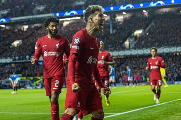 GLASGOW, SCOTLAND - Wednesday, October 12, 2022: Liverpool's Roberto Firmino (R) celebrates after scoring his side's second goal during the UEFA Champions League Group A matchday 4 game between Glasgow Rangers FC and Liverpool FC at Ibrox Stadium. (Pic by David Rawcliffe/Propaganda)