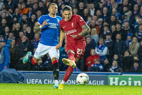 GLASGOW, SCOTLAND - Wednesday, October 12, 2022: Liverpool's Darwin Núñez scores the third goal during the UEFA Champions League Group A matchday 4 game between Glasgow Rangers FC and Liverpool FC at Ibrox Stadium. (Pic by David Rawcliffe/Propaganda)