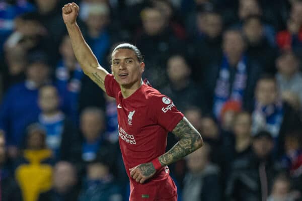 GLASGOW, SCOTLAND - Wednesday, October 12, 2022: Liverpool's Darwin Núñez celebrates after scoring the third goal during the UEFA Champions League Group A matchday 4 game between Glasgow Rangers FC and Liverpool FC at Ibrox Stadium. (Pic by David Rawcliffe/Propaganda)