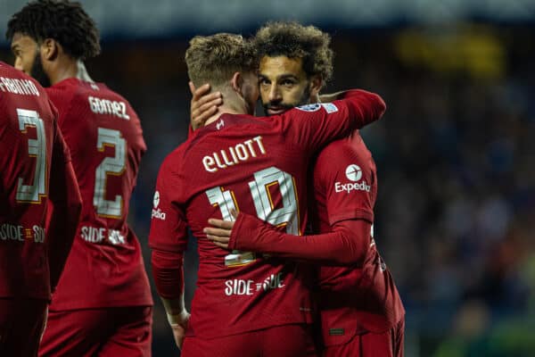 GLASGOW, SCOTLAND - Wednesday, October 12, 2022: Liverpool's Mohamed Salah (R) celebrates with team-mate Harvey Elliott after scoring the fourth goal during the UEFA Champions League Group A matchday 4 game between Glasgow Rangers FC and Liverpool FC at Ibrox Stadium. (Pic by David Rawcliffe/Propaganda)