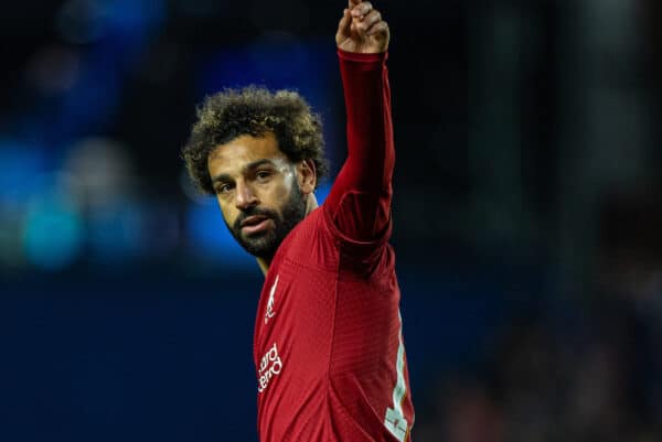 GLASGOW, SCOTLAND - Wednesday, October 12, 2022: Liverpool's Mohamed Salah celebrates after scoring the fourth goal during the UEFA Champions League Group A matchday 4 game between Glasgow Rangers FC and Liverpool FC at Ibrox Stadium. (Pic by David Rawcliffe/Propaganda)