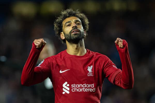 GLASGOW, SCOTLAND - Wednesday, October 12, 2022: Liverpool's Mohamed Salah celebrates after scoring the fifth goal, completing his hat-trick, during the UEFA Champions League Group A matchday 4 game between Glasgow Rangers FC and Liverpool FC at Ibrox Stadium. (Pic by David Rawcliffe/Propaganda)