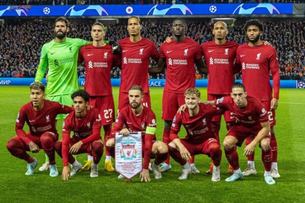 GLASGOW, SCOTLAND - Wednesday, October 12, 2022: Liverpool players line-up for a team group photograph before the UEFA Champions League Group A matchday 4 game between Glasgow Rangers FC and Liverpool FC at Ibrox Stadium. (Pic by David Rawcliffe/Propaganda)