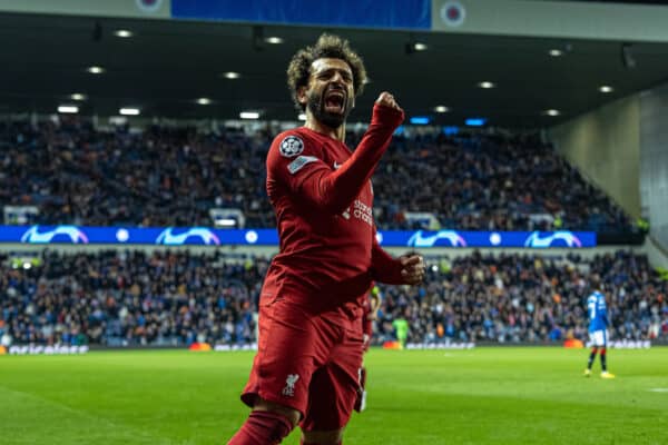 GLASGOW, SCOTLAND - Wednesday, October 12, 2022: Liverpool's Mohamed Salah celebrates after scoring the fifth goal, completing his hat-trick, during the UEFA Champions League Group A matchday 4 game between Glasgow Rangers FC and Liverpool FC at Ibrox Stadium. (Pic by David Rawcliffe/Propaganda)