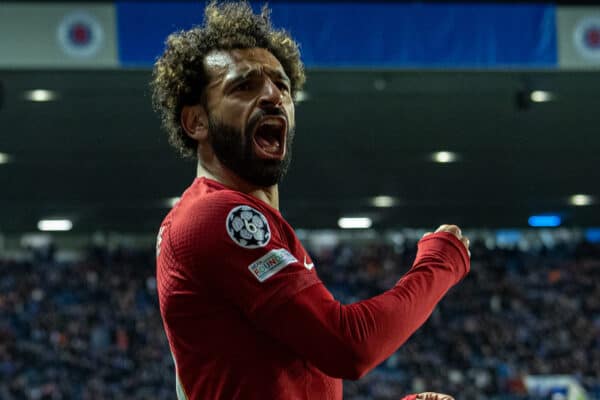 GLASGOW, SCOTLAND - Wednesday, October 12, 2022: Liverpool's Mohamed Salah celebrates after scoring the fifth goal, completing his hat-trick, during the UEFA Champions League Group A matchday 4 game between Glasgow Rangers FC and Liverpool FC at Ibrox Stadium. (Pic by David Rawcliffe/Propaganda)