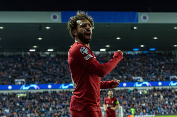 GLASGOW, SCOTLAND - Wednesday, October 12, 2022: Liverpool's Mohamed Salah celebrates after scoring the fifth goal, completing his hat-trick, during the UEFA Champions League Group A matchday 4 game between Glasgow Rangers FC and Liverpool FC at Ibrox Stadium. (Pic by David Rawcliffe/Propaganda)