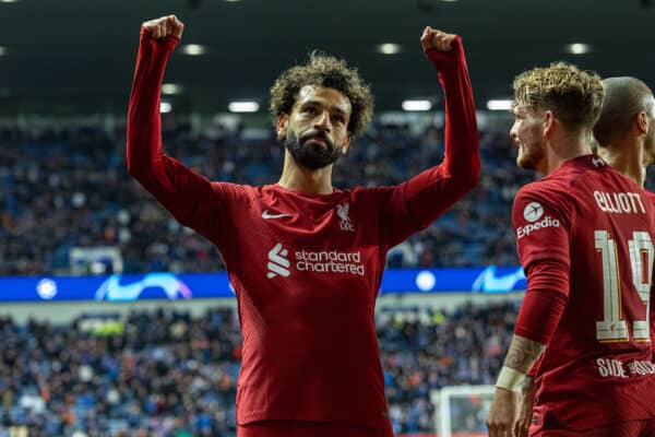 GLASGOW, SCOTLAND - Wednesday, October 12, 2022: Liverpool's Mohamed Salah celebrates after scoring the fifth goal, completing his hat-trick, during the UEFA Champions League Group A matchday 4 game between Glasgow Rangers FC and Liverpool FC at Ibrox Stadium. (Pic by David Rawcliffe/Propaganda)