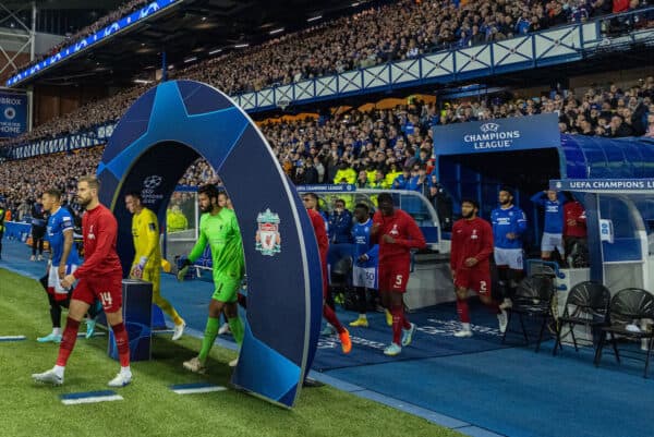 GLASGOW, SCOTLAND - Wednesday, October 12, 2022: Liverpool's captain Jordan Henderson leads his side out before the UEFA Champions League Group A matchday 4 game between Glasgow Rangers FC and Liverpool FC at Ibrox Stadium. (Pic by David Rawcliffe/Propaganda)