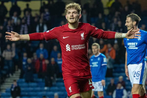 GLASGOW, SCOTLAND - Wednesday, October 12, 2022: Liverpool's Harvey Elliott celebrates after scoring the seventh goal during the UEFA Champions League Group A matchday 4 game between Glasgow Rangers FC and Liverpool FC at Ibrox Stadium. (Pic by David Rawcliffe/Propaganda)