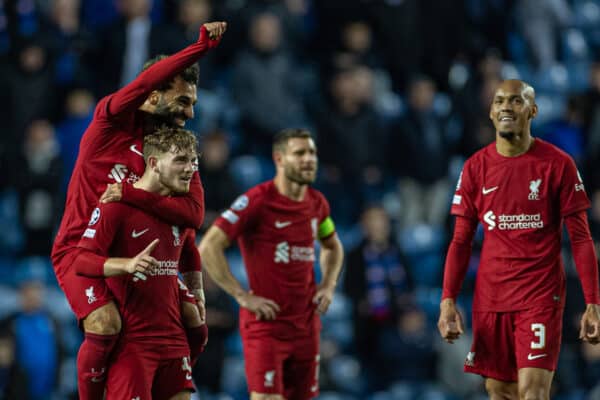 GLASGOW, SCOTLAND - Wednesday, October 12, 2022: Liverpool's Harvey Elliott celebrates after scoring the seventh goal during the UEFA Champions League Group A matchday 4 game between Glasgow Rangers FC and Liverpool FC at Ibrox Stadium. (Pic by David Rawcliffe/Propaganda)