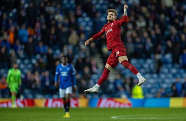 GLASGOW, SCOTLAND - Wednesday, October 12, 2022: Liverpool's Harvey Elliott celebrates after scoring the seventh goal during the UEFA Champions League Group A matchday 4 game between Glasgow Rangers FC and Liverpool FC at Ibrox Stadium. (Pic by David Rawcliffe/Propaganda)