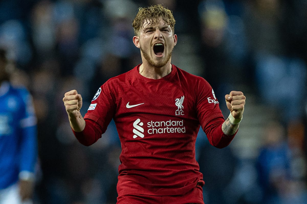 GLASGOW, SCOTLAND - Wednesday, October 12, 2022: Liverpool's Harvey Elliott celebrates after scoring the seventh goal during the UEFA Champions League Group A matchday 4 game between Glasgow Rangers FC and Liverpool FC at Ibrox Stadium. (Pic by David Rawcliffe/Propaganda)