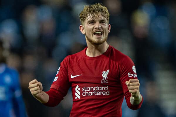 GLASGOW, SCOTLAND - Wednesday, October 12, 2022: Liverpool's Harvey Elliott celebrates after scoring the seventh goal during the UEFA Champions League Group A matchday 4 game between Glasgow Rangers FC and Liverpool FC at Ibrox Stadium. (Pic by David Rawcliffe/Propaganda)