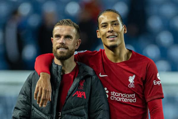 GLASGOW, SCOTLAND - Wednesday, October 12, 2022: Liverpool's captain Jordan Henderson (L) and Virgil van Dijk celebrate after the UEFA Champions League Group A matchday 4 game between Glasgow Rangers FC and Liverpool FC at Ibrox Stadium. (Pic by David Rawcliffe/Propaganda)