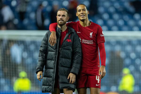 GLASGOW, SCOTLAND - Wednesday, October 12, 2022: Liverpool's captain Jordan Henderson (L) and Virgil van Dijk celebrate after the UEFA Champions League Group A matchday 4 game between Glasgow Rangers FC and Liverpool FC at Ibrox Stadium. (Pic by David Rawcliffe/Propaganda)