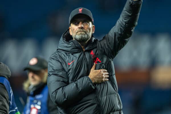 GLASGOW, SCOTLAND - Wednesday, October 12, 2022: Liverpool's manager Jürgen Klopp celebrates after scoring the seventh goal during the UEFA Champions League Group A matchday 4 game between Glasgow Rangers FC and Liverpool FC at Ibrox Stadium. (Pic by David Rawcliffe/Propaganda)