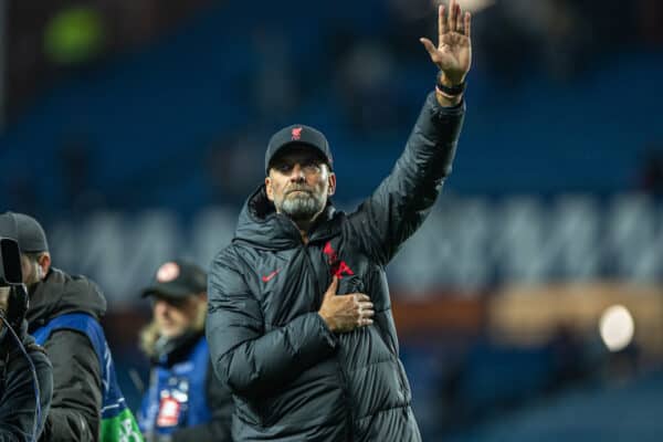 GLASGOW, SCOTLAND - Wednesday, October 12, 2022: Liverpool's manager Jürgen Klopp celebrates after scoring the seventh goal during the UEFA Champions League Group A matchday 4 game between Glasgow Rangers FC and Liverpool FC at Ibrox Stadium. (Pic by David Rawcliffe/Propaganda)