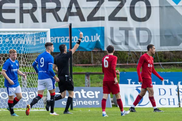 GLASGOW, SCOTLAND - Wednesday, October 12, 2022: Liverpool's Lee Jonas is shown a red card and sent off during the UEFA Youth League Group A Matchday 4 game between Glasgow Rangers FC Under-19's and Liverpool FC Under-19's at Firhill Stadium. (Pic by David Rawcliffe/Propaganda)