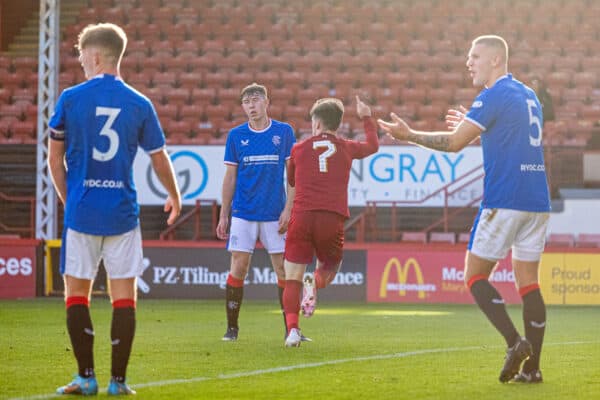 GLASGOW, SCOTLAND - Wednesday, October 12, 2022: Liverpool's Ben Doak celebrates after scoring his side's fourth goal during the UEFA Youth League Group A Matchday 4 game between Glasgow Rangers FC Under-19's and Liverpool FC Under-19's at Firhill Stadium. (Pic by David Rawcliffe/Propaganda)