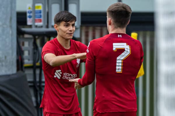 GLASGOW, SCOTLAND - Wednesday, October 12, 2022: Liverpool's Oakley Cannonier (L) celebrates after scoring the first goal during the UEFA Youth League Group A Matchday 4 game between Glasgow Rangers FC Under-19's and Liverpool FC Under-19's at Firhill Stadium. (Pic by David Rawcliffe/Propaganda)