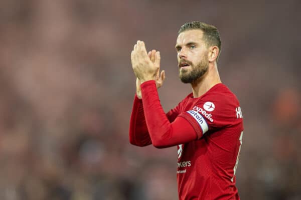 LIVERPOOL, ENGLAND - Sunday, October 16, 2022: Liverpool's captain Jordan Henderson applauds the supporters after the FA Premier League match between Liverpool FC and Manchester City FC at Anfield. (Pic by David Rawcliffe/Propaganda)