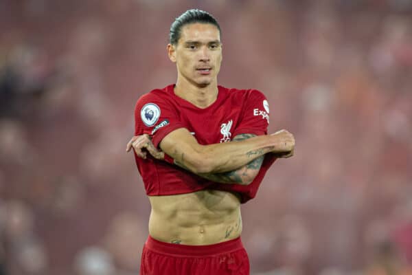 LIVERPOOL, ENGLAND - Sunday, October 16, 2022: Liverpool's Darwin Núñez takes off his shirt after the FA Premier League match between Liverpool FC and Manchester City FC at Anfield. (Pic by David Rawcliffe/Propaganda)