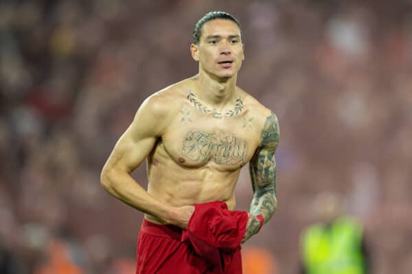 LIVERPOOL, ENGLAND - Sunday, October 16, 2022: Liverpool's Darwin Núñez takes off his shirt after the FA Premier League match between Liverpool FC and Manchester City FC at Anfield. (Pic by David Rawcliffe/Propaganda)