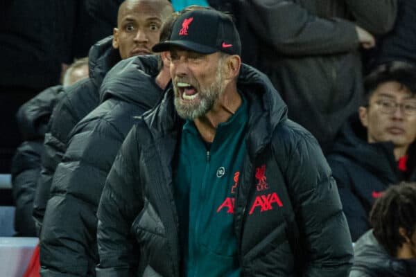 LIVERPOOL, ENGLAND - Sunday, October 16, 2022: Liverpool's manager Jürgen Klopp reacts to an awful decision from the assistant referee, leading to his red card, during the FA Premier League match between Liverpool FC and Manchester City FC at Anfield. (Pic by David Rawcliffe/Propaganda)