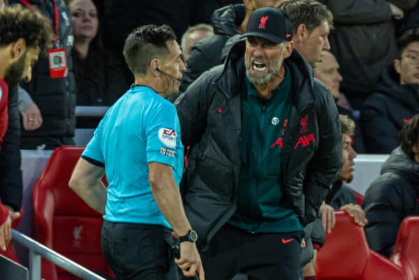 LIVERPOOL, ENGLAND - Sunday, October 16, 2022: Liverpool's manager Jürgen Klopp reacts to an awful decision from the assistant referee, leading to his red card, during the FA Premier League match between Liverpool FC and Manchester City FC at Anfield. (Pic by David Rawcliffe/Propaganda)