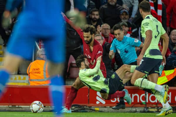 LIVERPOOL, ENGLAND - Sunday, October 16, 2022: Liverpool's Mohamed Salah is pulled down by Manchester City's Bernardo Silva, but no free-kick was awarded, leading to an incensed manager Jürgen Klopp being sent off, during the FA Premier League match between Liverpool FC and Manchester City FC at Anfield. (Pic by David Rawcliffe/Propaganda)