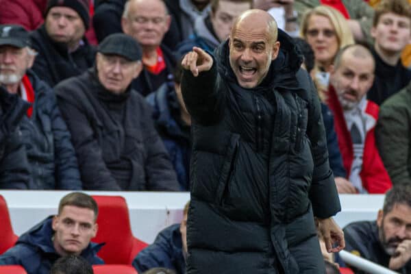 LIVERPOOL, ENGLAND - Sunday, October 16, 2022: Manchester City's manager Josep 'Pep' Guardiola reacts during the FA Premier League match between Liverpool FC and Manchester City FC at Anfield. (Pic by David Rawcliffe/Propaganda)