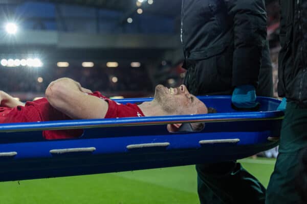 LIVERPOOL, ENGLAND - Sunday, October 16, 2022: Liverpool's Diogo Jota is carried off injured on a stretcher during the FA Premier League match between Liverpool FC and Manchester City FC at Anfield. (Pic by David Rawcliffe/Propaganda)