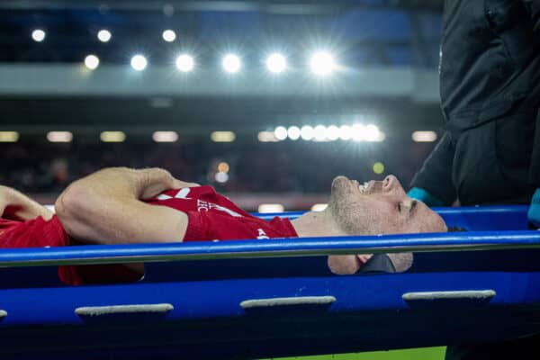 LIVERPOOL, ENGLAND - Sunday, October 16, 2022: Liverpool's Diogo Jota is carried off injured on a stretcher during the FA Premier League match between Liverpool FC and Manchester City FC at Anfield. (Pic by David Rawcliffe/Propaganda)