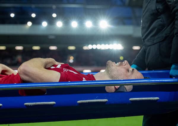 LIVERPOOL, ENGLAND - Sunday, October 16, 2022: Liverpool's Diogo Jota is carried off injured on a stretcher during the FA Premier League match between Liverpool FC and Manchester City FC at Anfield. (Pic by David Rawcliffe/Propaganda)