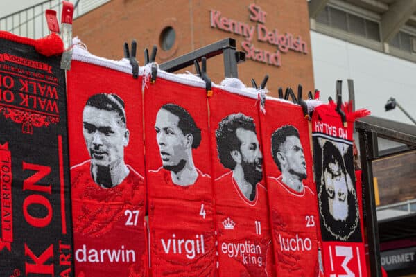 LIVERPOOL, ENGLAND - Sunday, October 16, 2022: Liverpool scarves on sale seen before the FA Premier League match between Liverpool FC and Manchester City FC at Anfield. (Pic by David Rawcliffe/Propaganda)