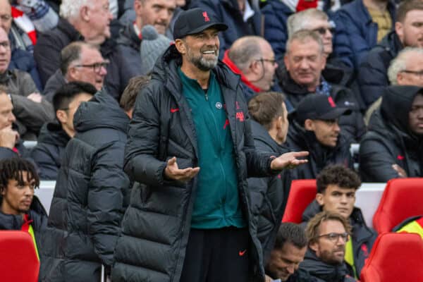 LIVERPOOL, ENGLAND - Sunday, October 16, 2022: Liverpool's manager Jürgen Klopp reacts during the FA Premier League match between Liverpool FC and Manchester City FC at Anfield. (Pic by David Rawcliffe/Propaganda)