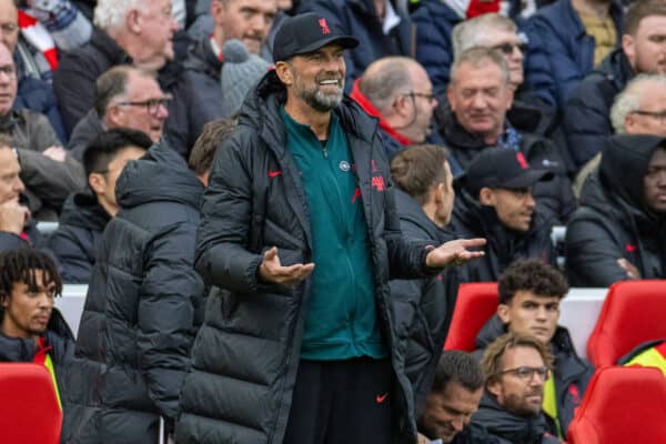 LIVERPOOL, ENGLAND - Sunday, October 16, 2022: Liverpool's manager Jürgen Klopp reacts during the FA Premier League match between Liverpool FC and Manchester City FC at Anfield. (Pic by David Rawcliffe/Propaganda)