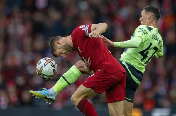 LIVERPOOL, ENGLAND - Sunday, October 16, 2022: Liverpool's James Milner (L) and Manchester City's Phil Foden during the FA Premier League match between Liverpool FC and Manchester City FC at Anfield. (Pic by David Rawcliffe/Propaganda)