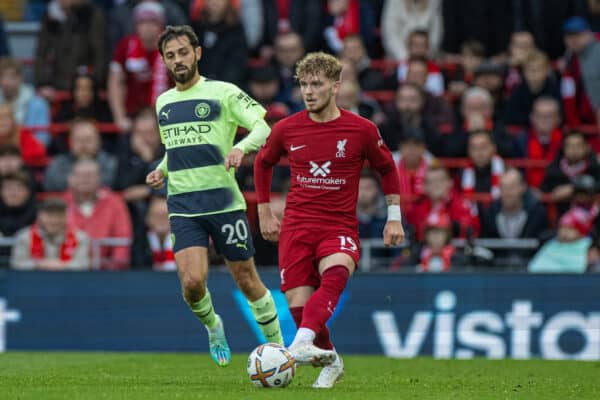 LIVERPOOL, ENGLAND - Sunday, October 16, 2022: Liverpool's Harvey Elliott (R) during the FA Premier League match between Liverpool FC and Manchester City FC at Anfield. (Pic by David Rawcliffe/Propaganda)