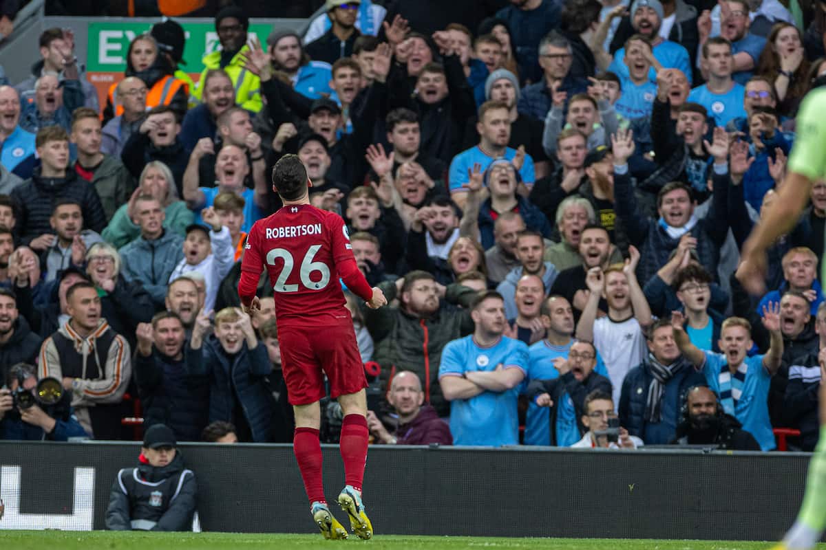 LIVERPOOL, ENGLAND - Sunday, October 16, 2022: Liverpool's Andy Robertson looks dejected after missing a chance during the FA Premier League match between Liverpool FC and Manchester City FC at Anfield. (Pic by David Rawcliffe/Propaganda)